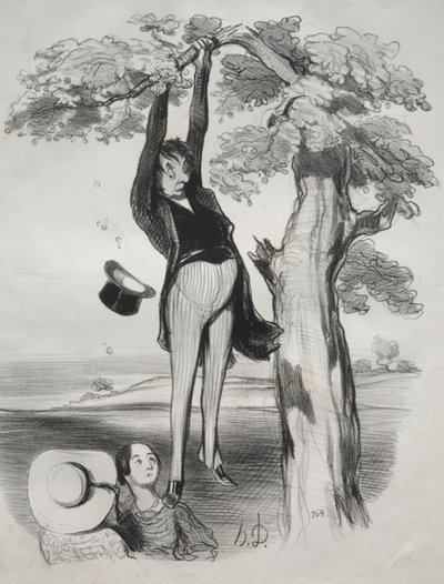 Die Gefahren, einen Pflaumenbaum zu heftig zu schütteln (wenn man ein erwachsener Mann ist) von Honoré Daumier