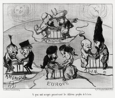 Tischdrehen (Fluidomanie): womit sich die verschiedenen Völker der Erde derzeit beschäftigen. Illustration von Honore Daumier (1808-1879), veröffentlicht in den Nachrichten, „Charivari“, datiert 22. Juni von Honoré Daumier
