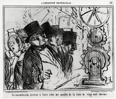 Weltausstellung: ein Plattenspieler, entworfen, um Hühner mit der Kraft von neunundzwanzig Pferden zu braten. Illustration von Honore Daumier (1808-1879), veröffentlicht in den Nachrichten, „Charivari“, datiert 20. Juli 1855 von Honoré Daumier