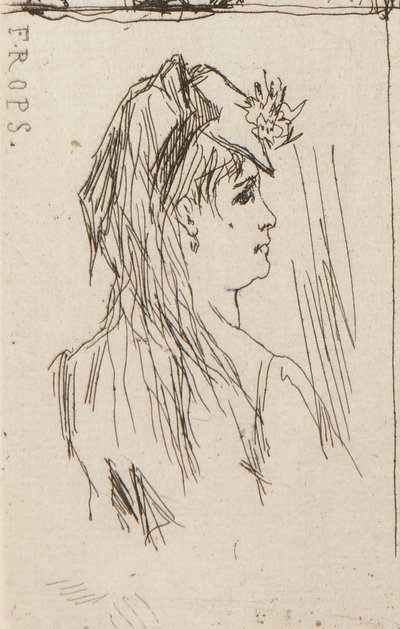 a. Kopf eines alten Mannes von Daumier (oben links); b. Chez Charles Beriot von Taiee (oben Mitte); c. Kopf einer jungen Frau von Rops (oben rechts); d. Flusslandschaft von Harpignies (unten Mitte); e. Profil einer jungen Frau von Honoré Daumier