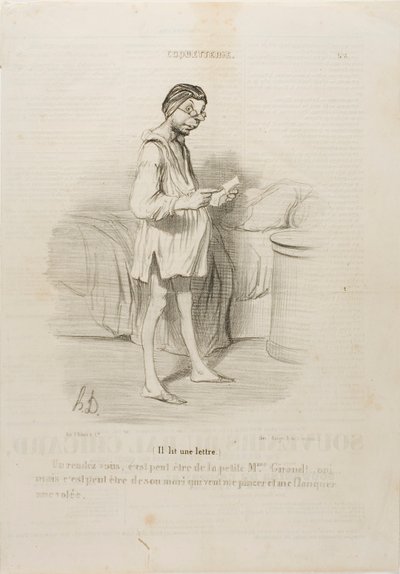 (Er liest einen Brief) „Ein Rendezvous, könnte es von der süßen Mme Giraud sein?? Ja, aber es könnte auch von ihrem Ehemann kommen, der mich kneifen will…,“ Platte 8 aus Coquetterie von Honoré Victorin Daumier