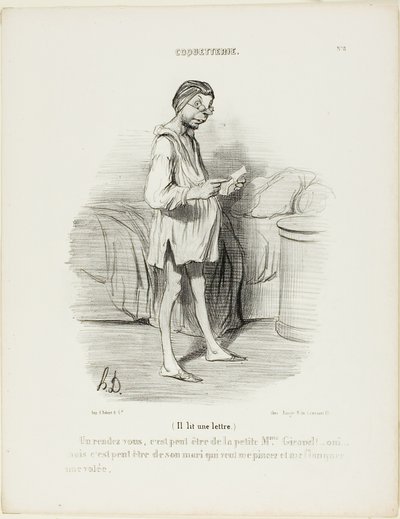 (Er liest einen Brief) „Ein Rendezvous, könnte es von der süßen Mme Giraud sein?? Ja, aber es könnte auch von ihrem Ehemann kommen, der mich kneifen will…“, Platte 8 aus Coquetterie von Honoré Victorin Daumier