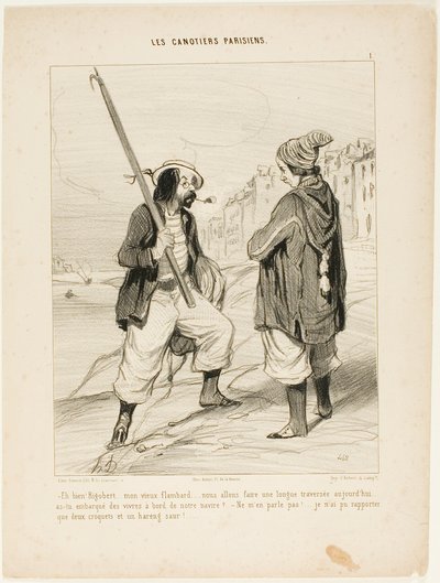 „- Alles klar Rigobert, mein alter Freund.... wir machen heute eine lange Reise.... hast du genug Proviant an Bord unseres Schiffes gebracht? - Reden Sie nicht darüber.... alles, was ich mitbringen konnte, sind zwei Kekse und ein roter Hering,“ Platte 1 au von Honoré Victorin Daumier