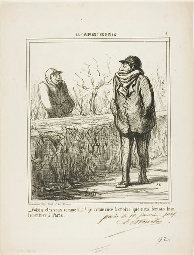 „- Hallo, Nachbar, bist du wie ich? Ich beginne zu glauben, wir würden gut daran tun, nach Paris zurückzukehren,“ Tafel 1 aus La Campagne En Hiver von Honoré Victorin Daumier