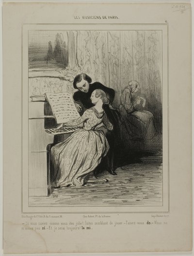 „- Wenn du nur wüsstest, wie hübsch du bist!... Tu so, als ob du spielst! - Hör auf.. DO - Du liebst mich nicht!...SO - Ich werde immer dein sein. ... MI,“ Platte 6 aus Les Musiciens De Paris von Honoré Victorin Daumier