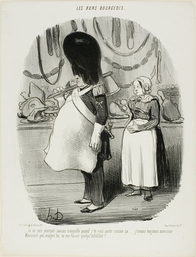 "- Ich bin nie ruhig, wenn ich sehe, wie Sie so ausgehen... Ich habe immer Angst, Monsieur Moussard, dass Sie untreu sein könnten," Platte 67 aus Les Bons Bourgeois von Honoré Victorin Daumier