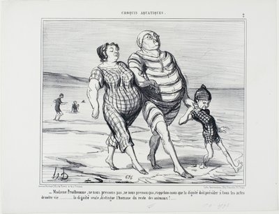 „- Madame Prudhomme, lassen Sie uns nicht eilen, erinnern wir uns daran, dass Würde über alle Lebensakte herrschen sollte... Würde allein unterscheidet den Menschen von den übrigen Tieren,“ Tafel 2 aus Croquis Aquatiques von Honoré Victorin Daumier