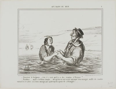 „- Herr Bademeister... stimmt es, dass es Haie in Dieppe gibt? - Natürlich... aber es ist ganz einfach... sobald Sie einen kommen sehen, um Sie zu fressen, müssen Sie sich nur seitlich hinlegen. Er wird Sie nicht fressen, aus Angst zu ersticken“, Tafel 1 a von Honoré Victorin Daumier