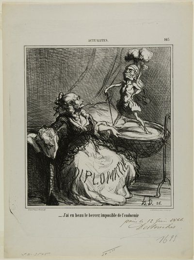 „- Egal wie sehr ich ihn wiege, es ist unmöglich, ihn zum Einschlafen zu bringen,“ Platte 105 aus Actualités von Honoré Victorin Daumier