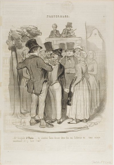 „- Also, Gringalet aus Paris!.... du wirst zweimal mit meiner Catherine tanzen ...... versuche jetzt noch einmal, ihr schöne Augen zu machen,“ Tafel 27 aus Pastorales von Honoré Victorin Daumier