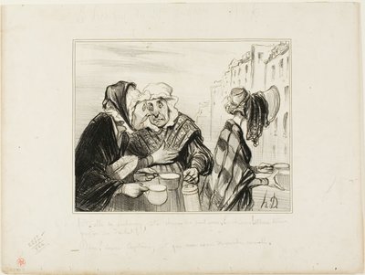 „- Was für ein Aufhebens macht dieses sauertöpfische Gesicht aus dem fünften Stock! Einen Hut tragen, nur um zwei Tassen Milch für einen Sou zu kaufen! - Oh, Madame Capitaine, heute sind wir aber schick...,“ Platte 36 Typen Parisiens von Honoré Victorin Daumier