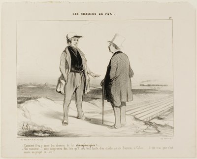 „- Was meinen Sie, es wird bald Luftzüge geben? - Aber natürlich, Monsieur... sehen Sie, es wird dann sehr einfach sein, eine Verbindung zwischen Dover und Calais herzustellen... aber natürlich ist das Projekt noch in der Luft schwebend,“ Platte 14 aus The von Honoré Victorin Daumier