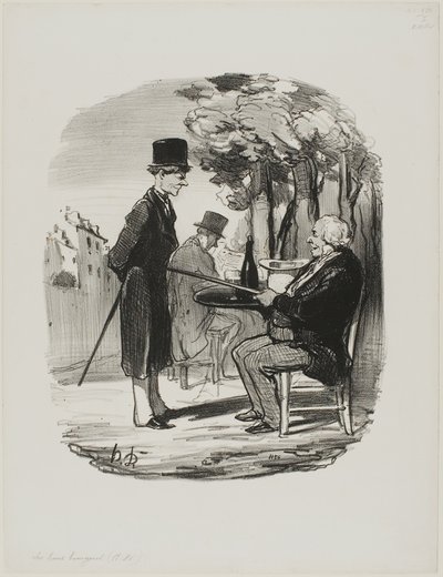 "- Sie trinken heute Abend nicht Ihre Flasche Bier mit uns... Ich kann sehen, dass Sie heute ein privates Abendessen haben, Sie Schurke...", Platte 81 aus Les Bons Bourgeois von Honoré Victorin Daumier