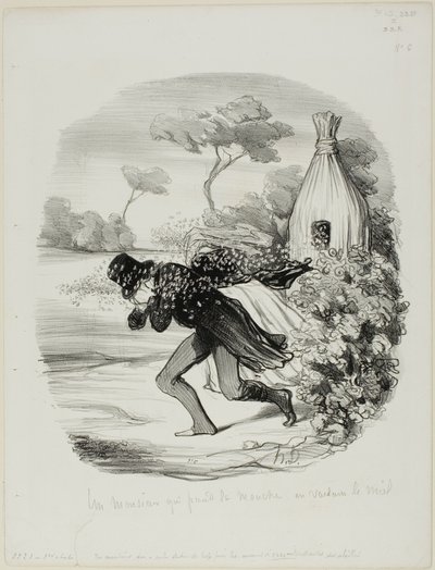 Ein Herr, der die Gewohnheiten der Bienen zu genau studieren wollte, Platte 6 aus Pastorales von Honoré Victorin Daumier