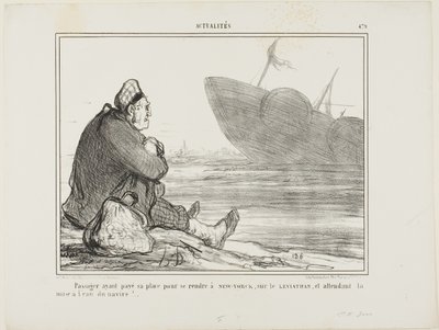 Ein Passagier, der sein Ticket nach NEW YORK auf der LEVIATHAN bezahlt hat, wartet darauf, dass das Schiff endlich ins Wasser gesetzt wird, Tafel 479 aus Actualités von Honoré Victorin Daumier
