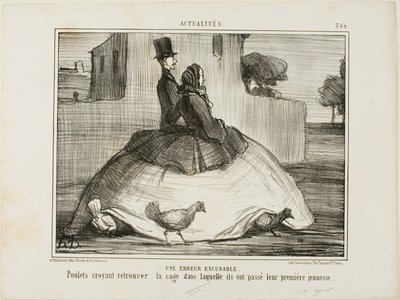 Ein entschuldbarer Fehler. Hühner denken, sie hätten den Käfig gefunden, in dem sie ihre frühe Kindheit verbracht haben, Tafel 21 aus La Crinolomanie von Honoré Victorin Daumier