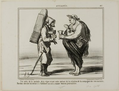 Als Folge der Weinkrankheit, aber auch wegen der Gründung der „Gesellschaft zur Herstellung von künstlichem Wein“, entscheidet sich sogar Bacchus, auf Kokosnusswasser als tägliches Getränk umzusteigen, Platte 407 aus Actualités von Honoré Victorin Daumier