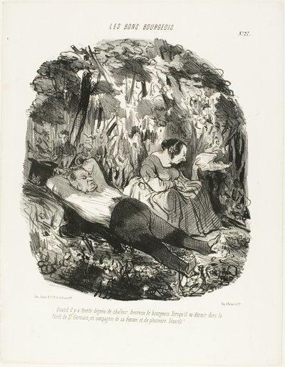 Bei 30°C, glücklich derjenige, der entkommen und im Wald von Saint-Germain mit seiner Frau und ein paar Eidechsen dösen kann, Tafel 27 aus Les Bons Bourgeois von Honoré Victorin Daumier