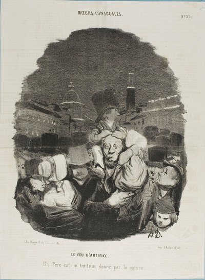 Beim Feuerwerk. Ein Vater ist ein Arbeitspferd, von der Natur bereitgestellt, Platte 33 aus Moeurs Conjugales und Platte 14 in Actualités von Honoré Victorin Daumier