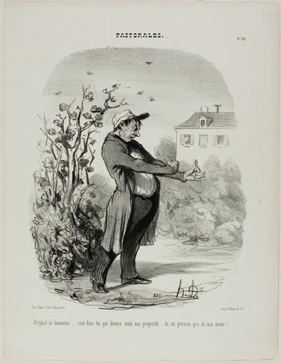 „Räuber eines Maikäfers... du verschlingst all mein Eigentum. Du sollst durch meine Hand zugrunde gehen!“, Platte 32 aus Pastorales von Honoré Victorin Daumier