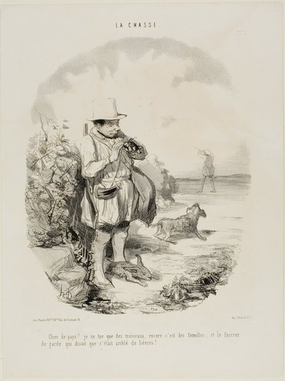 „Verdammtes Land! Ich schieße nur auf Spatzen... und nur Weibchen... und dieser geniale Wächter bestand darauf, dass der Ort voller Kaninchen ist,“ Platte 5 aus La Chasse von Honoré Victorin Daumier