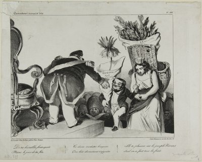 "Von Ihren gehorsamen Untertanen erhalten Sie an Ihrem Ehrentag diese zwei bescheidenen Blumensträuße. Sie werden Sie erfreuen, da das Volk von Frankreich allein die Kosten übernommen hat," Platte 486 von Honoré Victorin Daumier