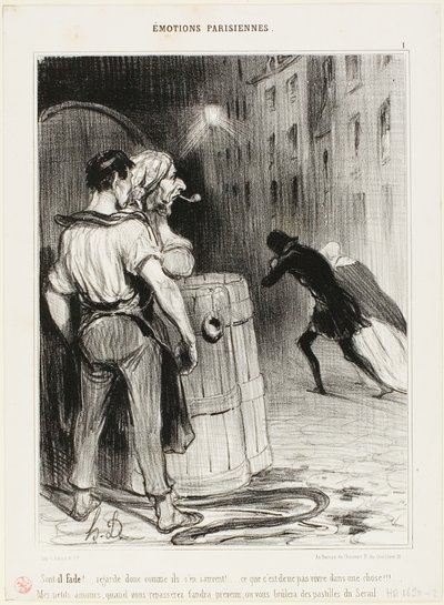 „Wie dumm! Schau nur, wie sie rennen. Das passiert, wenn man am falschen Ort ist. Wartet nur! Nächstes Mal sagt uns vorher Bescheid und wir kümmern uns gut um euch...“, Platte 1 aus Émotions Parisiennes von Honoré Victorin Daumier