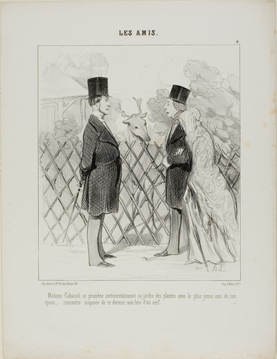 Madame Cabassol beim romantischen Spaziergang im botanischen Garten mit dem jüngsten Freund ihres Mannes. Plötzliche Begegnung mit Letzterem nicht weit von einem Hirsch, Platte 4 aus Les Amis von Honoré Victorin Daumier