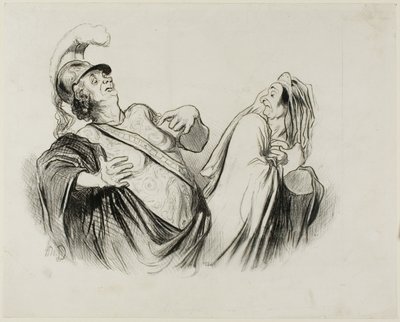Merope. „Ein Soldat meiner Statur ist durchaus in der Lage, den Staat zu führen, der einst mit so viel Spaß verteidigt wurde“, Platte 2 aus Physionomies Tragiques (recto); Provost. (dans le Puff - Théâtre Français) "Le Puff, est l