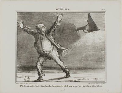 Monsieur Babinet beschließt, persönlich die Sonne auszuschalten, damit seine Vorhersagen erfüllt werden, Platte 386 aus Actualités von Honoré Victorin Daumier