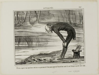 Herr Coste bemerkt, dass die Fische, die er aus dem Wasser genommen hat, um ihren Gesundheitszustand zu analysieren, sich überhaupt nicht wohl fühlen, Platte 387 aus Actualités von Honoré Victorin Daumier
