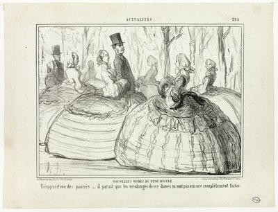 Neue Mode der Halbwelt. Wiederauftauchen der Körbe – es scheint, dass diese Damen mit ihrer Ernte noch nicht ganz fertig sind, Tafel 295 aus Actualités von Honoré Victorin Daumier