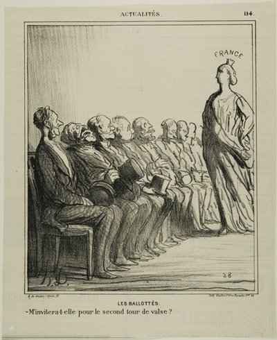 Stichwahl. "- Wird sie mich zu einem zweiten Walzer einladen?", Platte 114 aus Actualités von Honoré Victorin Daumier
