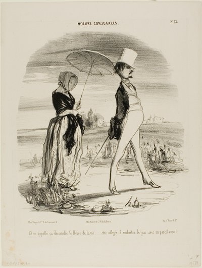 „Also das nennt man dem Strom des Lebens folgen..... gezwungen sein, im Gleichschritt mit so einem Narren zu marschieren!“, Platte 52 aus Moeurs Conjugales von Honoré Victorin Daumier