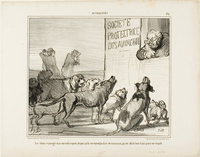 Die Hunde fallen wieder in Verzweiflung, nachdem sie gehört haben, dass es doch eine neue Hundesteuer geben wird, Platte 171 aus Actualités von Honoré Victorin Daumier