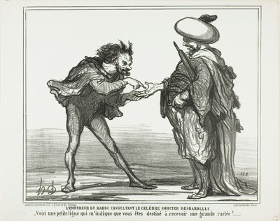 Der Kaiser von Marokko in Beratung mit dem berühmten Magier Desbarolles. „- Diese kleine Linie hier zeigt mir, dass Sie eine königliche Tracht Prügel bekommen werden!“, Platte 126 aus Actualités von Honoré Victorin Daumier