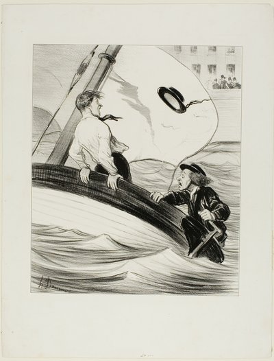 Der Windstoß. „- Oh Mist! Ich habe meinen Hut verloren! - Keine Sorge.... da er wasserdicht ist.... werden Sie kein Problem haben, ihn in Rouen zurückzubekommen!,“ Tafel 17 aus Les Canotiers Parisiens von Honoré Victorin Daumier