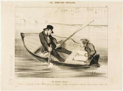 Der Novizenmatrose. „Teufel... Rudern ist viel schwieriger, als ich dachte! Und um mich wirklich zu amüsieren, würde ich lieber Erbsen stecken.“, Platte 19 aus Les Canotiers Parisiens von Honoré Victorin Daumier