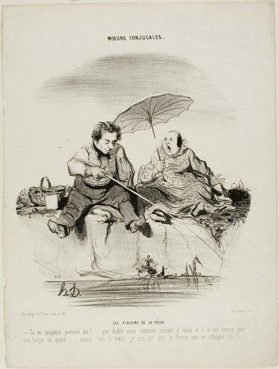Die Freuden des Angelns. „- Du bist immer so in Eile - Mein Gott, wir sind gerade erst um Mittag angekommen und es ist jetzt erst Viertel nach fünf - Gib mir nur noch ein wenig Zeit, ich bin sicher, ich werde am Ende einen fangen,“ Tafel 50 aus Moeurs Conj von Honoré Victorin Daumier