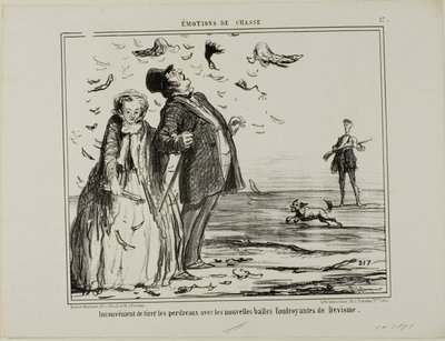 Der Nachteil, auf junge Rebhühner mit den neuen Explosivgeschossen von Devisme zu schießen, Tafel 17 aus Émotions De Chasse von Honoré Victorin Daumier