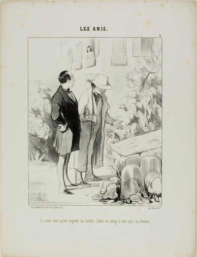 Der Ehemann möchte, dass er sein Frühbeet betrachtet, der Freund träumt nur davon, seine Frau zu sehen, Platte 3 aus Les Amis von Honoré Victorin Daumier