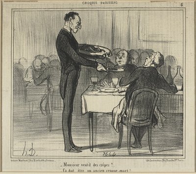 "Möchte Monsieur einige Crêpes?.. - Er muss Bestatter gewesen sein," Platte fünf aus Croquis Parisiens (Pariser Skizzen) von Honoré Victorin Daumier