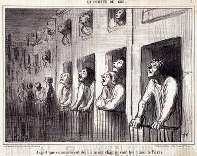 Karikatur über Wissenschaft. Serie „Der Komet von 1857“: „Aspekt, den die Straßen von Paris jede Nacht annehmen“. Gravur von Honoré Daumier (1808-1879). Auszug aus der Zeitung „Le Charivari“. von Honoré Daumier