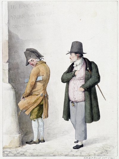 Mann uriniert gegen eine Wand und ein anderer Passant - Lithografie von Brunet von Horace Antoine Brunet