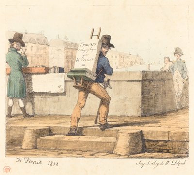 Künstler trägt Staffelei mit einem Lithografiestein von Emile Jean Horace Vernet