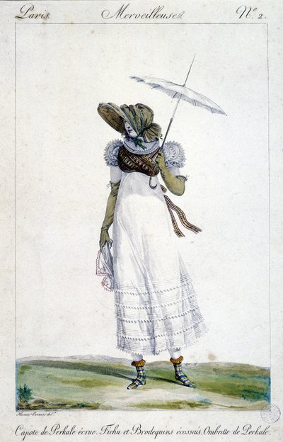 Modegravur von Horace Vernet (1789 - 1863), um 1810 für „A Wonderful“ gefertigt, eine Frau darstellend, die einen ecrufarbenen Baldachin, eine blutige, karierte Stickerei und einen Regenschirm trägt von Emile Jean Horace Vernet