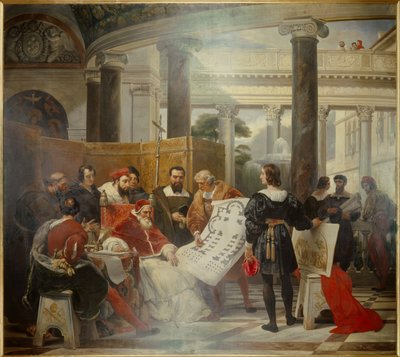 Papst Julius II. befiehlt die Arbeiten am Vatikan und der Basilika St. Peter in Rom, umgeben von Michelangelo, Bramante und Raphael. Gemälde von Emile Jean Horace Vernet von Emile Jean Horace Vernet