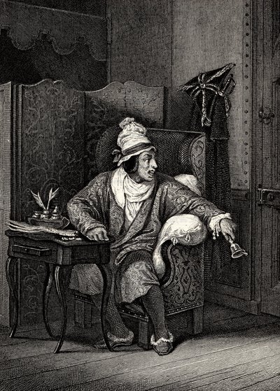 Szene aus Der eingebildete Kranke von Molière, von Horace Vernet, Gravur - Der eingebildete Kranke von Jean-Baptiste Poquelin, genannt Molière (1622-1673) von Emile Jean Horace Vernet