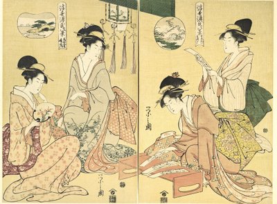 Geisterbeschwörer, Wildgänse kehren nach Hause zurück Maboroshi, Rakugan rechts und Ein dünner Schleier von Hosoda Eishi