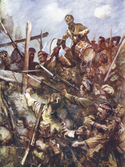 Trommler Walter Ritchie steht auf dem Feindeswall, um den Angriff zu signalisieren, unter schwerem Maschinengewehrfeuer und Bombenangriffen, Beaumont Hamel, Frankreich, 1. Juli 1916 von Howard K. Elcock